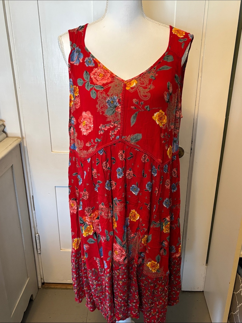 Bila Red Floral V-Neck Sleeveless Midi Dress with Blue and Yellow Blooms